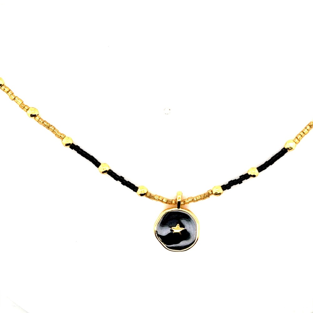 Gold Black Beaded Star Pendant Choker Necklace Magnetic Clasp 15.5 Inch